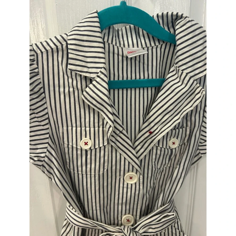 Gymboree Shirt Dress Blue White Striped Cotton Belted Puff Sleeve Kids Size 8